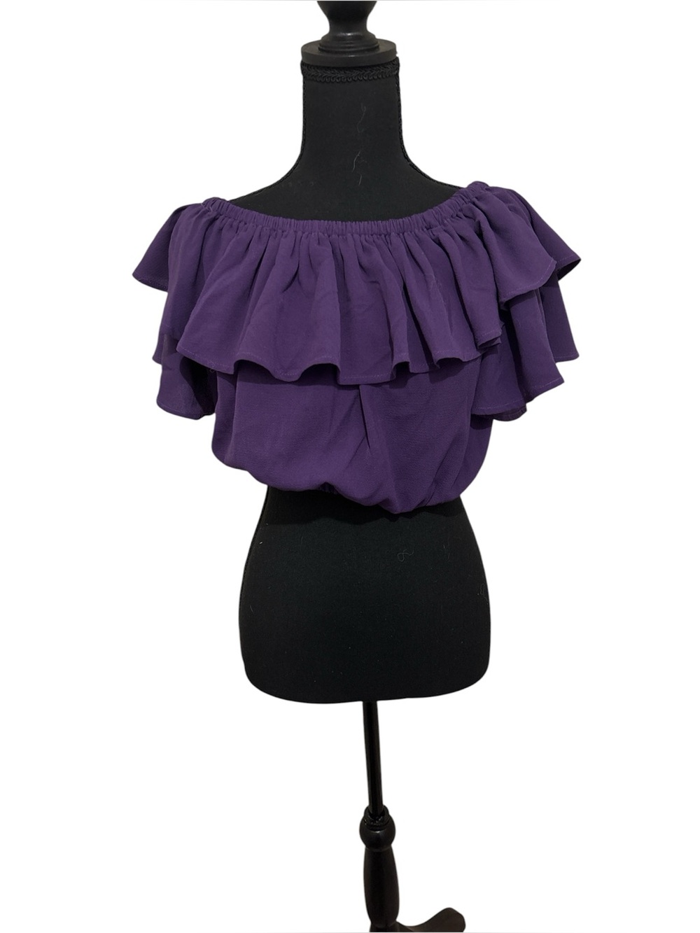 American Threads Purple Ruffle Off-Shoulder Crop Top